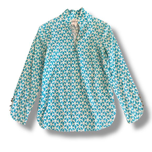 Elizabeth McKay Linen Blouse Women’s 2 Blue White Geometric Long Sleeve Top - Picture 1 of 11